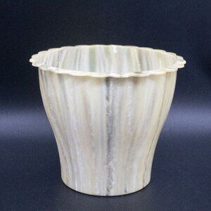 Vintage Small Yellow w/ Dark Streaks Wastebasket Garbage Trash Can Scalloped